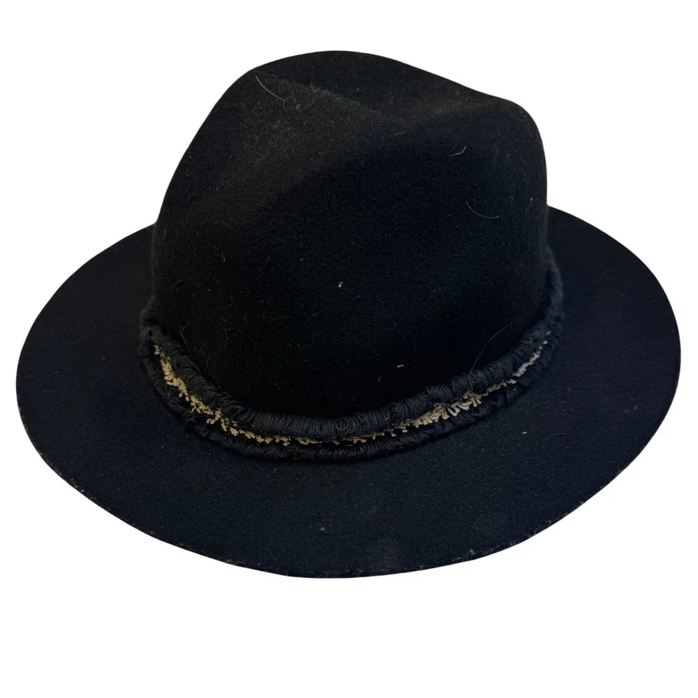 Black 100% Wool Fedora Hat Braided Metallic Gold Trim Boho Wide Brim Flat Top